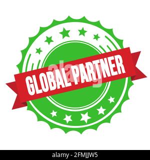 Testo GLOBALE DEL PARTNER sul timbro del badge con nastro verde rosso. Foto Stock