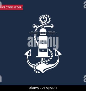 Emblema nautico con ancora, faro e corda. Design elegante per t-shirt, etichetta marina o poster. Elemento bianco isolato su sfondo blu scuro. Illustrazione Vettoriale