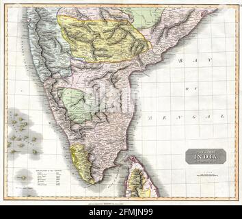 Carta d'epoca in rame incisa dell'India dal 19 ° secolo. Tutte le mappe sono splendidamente colorate e illustrate mostrando il mondo in quel momento. Foto Stock