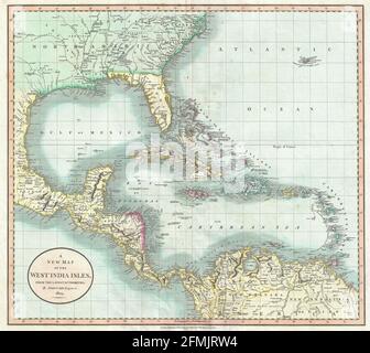 Carta vintage in rame incisa delle Bahamas del 19 ° secolo. Tutte le mappe sono splendidamente colorate e illustrate mostrando il mondo in quel momento. Foto Stock