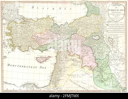 Carta d'epoca in rame incisa dell'Iraq del XVIII secolo. Tutte le mappe sono splendidamente colorate e illustrate mostrando il mondo in quel momento. Foto Stock