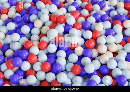 Sfondo di sfere o palline blu, rosse e bianche, rappresentazione 3d Foto Stock
