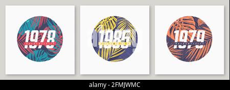 Set di coloratissimi disegni estivi di t-shirt grafica, stampe tropicali, illustrazioni vettoriali Illustrazione Vettoriale