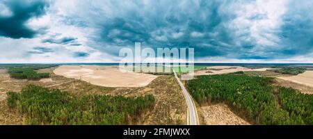 Veduta aerea della strada dell'autostrada attraverso il paesaggio dell'area di deforestazione. Green Pine Forest nella zona di deforestazione. Vista dall'alto del campo e del paesaggio forestale Foto Stock