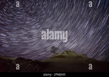 Paesaggio notturno con un albero e rocce sulla cima in montagna sullo sfondo di un cielo stellato con tracce di stelle che girano intorno al pol Foto Stock