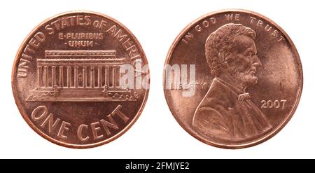 Obverse e reverse di 2007 un centesimo di rame noi moneta isolato su sfondo bianco Foto Stock