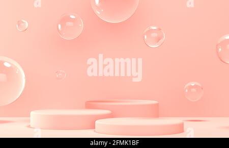 Tre podi per cosmetici su sfondo rosa con bolle volanti trasparenti. rendering 3d Foto Stock