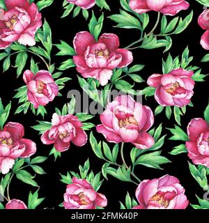 Vintage motivo floreale senza cuciture con peonie rosa fiorite, su sfondo nero. Elegance acquerello dipinto a mano illustrazione. Isolato. Foto Stock