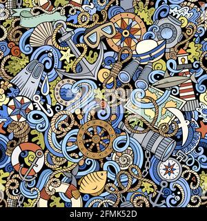 Fumetti doodles Nautical modello senza giunture. Illustrazione Vettoriale
