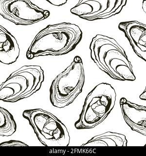 Oysters vettore sfondo senza giunture, pesce di fondo disegnato a mano Illustrazione Vettoriale