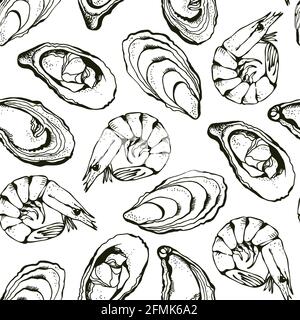 Ostriche e gamberetti vettore sfondo senza giunture, pesce pesce di fondo disegnato a mano Illustrazione Vettoriale
