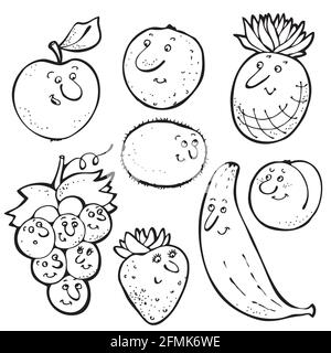 Raccolta di caratteri vettoriali di frutta, frutta divertente disegnata a mano e set di frutti di bosco isolato su sfondo bianco Illustrazione Vettoriale