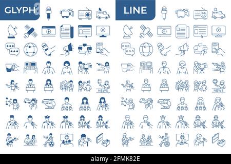 Un insieme di icone lineari e glifi sul tema delle notizie. Icone dei vettori multimediali Illustrazione Vettoriale