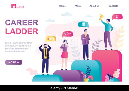 Pagina di destinazione della scala della carriera. Successo in affari, relazioni aziendali. Gruppo di vari uomini d'affari in piedi sulle scale. Ricompensa, businesswo riuscito Illustrazione Vettoriale