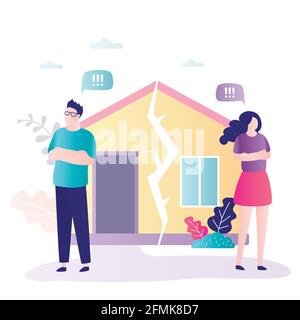 Coppia in cava. Psicologia problemi mentali concetto. Depressione e divorzio. Rapporto conflitto familiare, stress. Casa di famiglia in rovina. Maschio e fem Illustrazione Vettoriale
