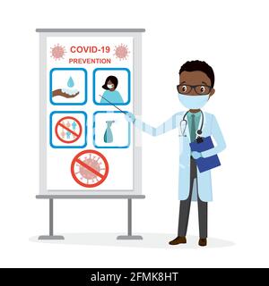 Il medico maschile afroamericano avverte circa la pandemia del coronavirus. Cartoon uomo medico lavoratore, prevenzione covid-19. Indossare la maschera, lavare accuratamente le mani, rimanere Illustrazione Vettoriale