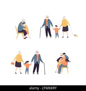 Raccolta di varie attività con i nonni. Nonna carina abbracciando con il nipote. Nonno divertirsi con i bambini piccoli. Set di peop anziani Illustrazione Vettoriale