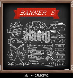 Doodle Set di banner con effetto lavagna. Illustrazione Vettoriale