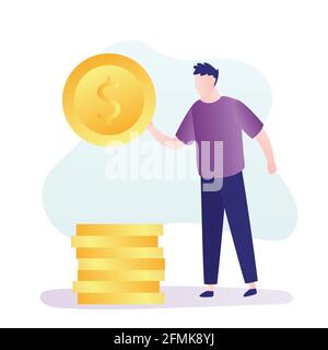Uomo d'affari con moneta d'oro. Pila di monete, concetto di ricompensa. Dipendente uomo con stipendio. Carattere maschile in stile alla moda. Investitore o imprenditore con Illustrazione Vettoriale