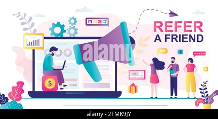 Segnala un banner concettuale amico. Codice di riferimento per la condivisione di amici. L'uomo d'affari usa il megafono e il laptop. Affiliazione partnership e guadagnare soldi. Gruppo di torba Illustrazione Vettoriale