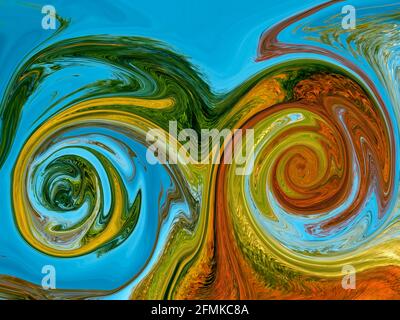 Vortice astratto come colori fluidi. Colori giallo viola e rosa come sfondo astratto. Foto Stock