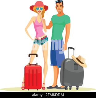 Preparandosi per il viaggio di vacanza. Felice coppia appena sposata in vacanza estiva e luna di miele. Turismo alberghiero Illustrazione Vettoriale