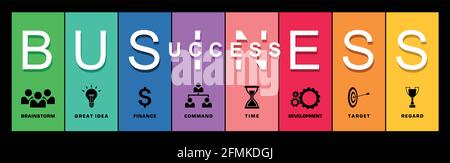 Modello di progettazione infografica, pianificazione e successo del progetto, icone Illustrazione Vettoriale
