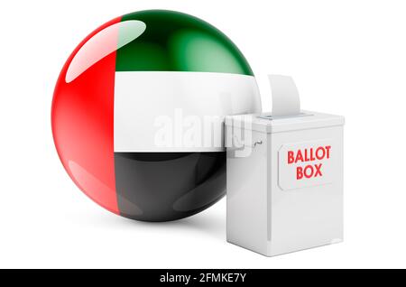 Casella di voto con la bandiera degli Emirati Arabi Uniti. Elezione negli Emirati Arabi Uniti. Rendering 3D isolato su sfondo bianco Foto Stock