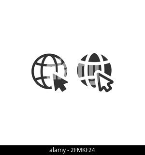 Icona vettoriale nera del nastro con la freccia del globo e del mouse. Pianeta e cursore, simbolo del sito Web. Illustrazione Vettoriale