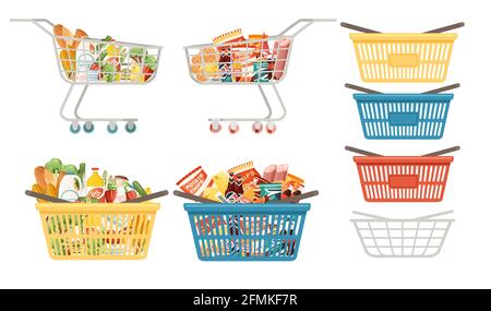 Set di carrelli per la spesa e cestini con illustrazione vettoriale degli alimenti isolato su sfondo bianco Illustrazione Vettoriale