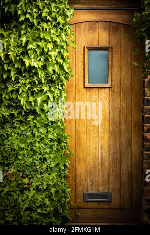 Porta di legno a metà di edera su un vecchio mattone casa Foto Stock