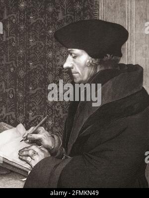 Erasmus. Nome completo Desiderius Erasmus Roterodamus, 1466 - 1536, alias Erasmus di Rotterdam. Umanista del Rinascimento olandese, sacerdote cattolico e teologo. Da un'opera di Felix Bracquemond dopo il dipinto di Hans Holbein. Foto Stock