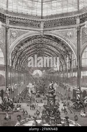 L'esposizione internazionale del 1862, o Great London Exposition, South Kensington, Londra, Inghilterra. Una visione perseguitativa della navata, progettata dal Capitano Francis Fowke degli ingegneri reali. Da una breve storia dell'esposizione internazionale del 1862, pubblicato nel 1862. Foto Stock