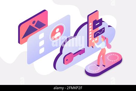 Le persone isometriche lavorano con l'illustrazione vettoriale dei concept online dei servizi cloud. Cartoon minuscolo studente donna o lavoratore personaggio che lavora con interfaccia grafica cloud per analizzare e studiare i dati di sfondo Illustrazione Vettoriale