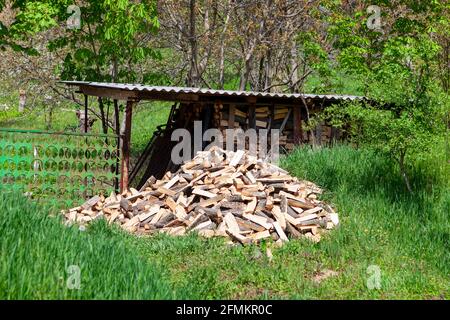Mucchio di legna da ardere tagliata sull'erba verde . Cortile rustico con legna da ardere Foto Stock