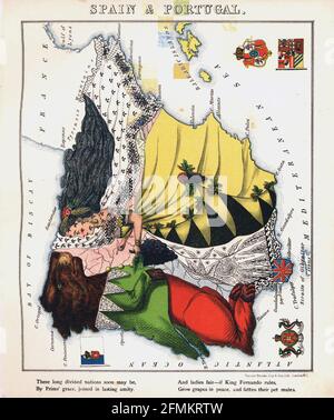 Spagna e Portogallo – divertimento geografico. Mappa satirica / cartografica illustrata. Pubblicato a Londra dalla ditta di Hodder e Stoughton nel 1869. Foto Stock