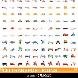 100 trasporto set di icone. Cartoon illustrazione di 100 trasporti icone set di vettore isolato su sfondo bianco Illustrazione Vettoriale