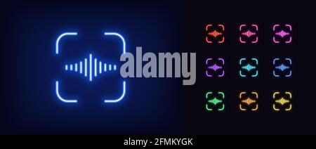 Icona di identificazione vocale al neon. Segnale vocale al neon luminoso, pittogramma di riconoscimento vocale del contorno. Controllo vocale personale, verifica dell'identificazione vocale, s Illustrazione Vettoriale