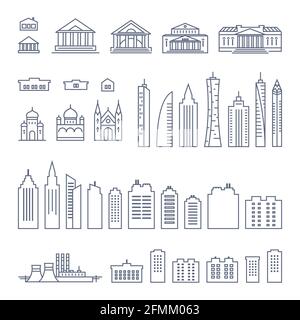 set di icone della linea degli edifici della città - vari tipi di edifici governativi e grattacieli semplice pittogramma lineare su sfondo bianco. Illustrazione vettoriale. Illustrazione Vettoriale