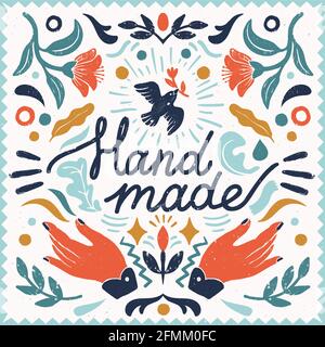 Composizione vettoriale simmetrica artigianale - elementi vintage in stampatello e macchina da cucire con scritte fatte a mano. Illustrazione vettoriale vintage per Illustrazione Vettoriale