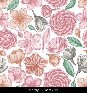 Disegno senza cuciture con hibiscus pastello, fiori di prugne, fiori di pesca, fiori di sakura, fiori di magnolia, camellia japonica Illustrazione Vettoriale