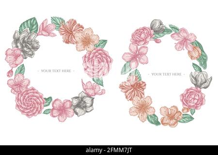 Corona floreale di ibisco pastello, fiori di prugne, fiori di pesca, fiori di sakura, fiori di magnolia, camellia japonica Illustrazione Vettoriale