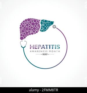 Illustrazione vettoriale del mese della consapevolezza dell’epatite osservato a maggio. Il fegato è un organo vitale che elabora le sostanze nutritive, filtra il sangue e combatte io Illustrazione Vettoriale