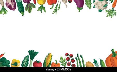 Ampio sfondo orizzontale sano mangiare. Spazio di copia. Varietà di verdure decorative con grana su sfondo bianco. Mercato agricolo Illustrazione Vettoriale