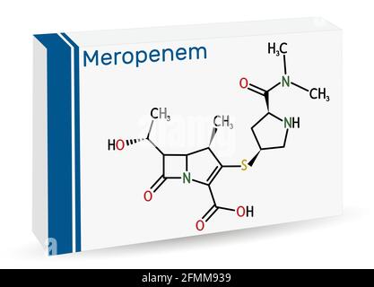 Molecola di Meropenem. Si tratta di un antibiotico carbapenem ad ampio spettro. Formula chimica scheletrica . Imballaggio di carta per droghe. Illustrazione vettoriale Illustrazione Vettoriale