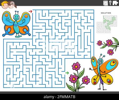 Illustrazione cartoon di gioco educativo labirinto puzzle per i bambini con farfalle insetti caratteri e fiori Illustrazione Vettoriale
