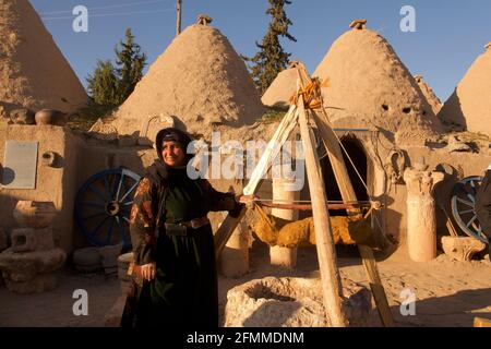 Nonna fuori case alveare, Harran, Turchia Foto Stock