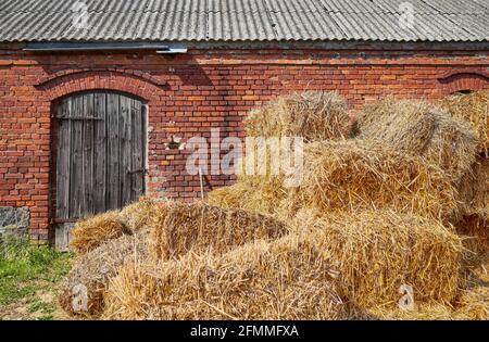 L'haystack d'oro di fronte ad un vecchio edificio in mattoni. Foto Stock