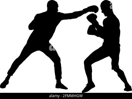 Silhouette nera di un atleta boxer su uno sfondo bianco. Illustrazione Vettoriale