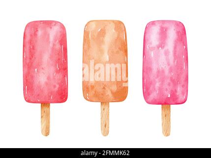 Set di gelato acquerello su bastoncini. I papi di ghiaccio al fragola e al caramello sono isolati su sfondo bianco. Illustrazione della clipart disegnata a mano. Perfetto per biglietti, menu, stampe, decorazioni, copertine. Foto Stock
